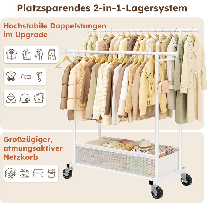 Подвійний мобільний вішак для одягу з кошиком для білизни, металевий (110 кг), білий - міцний вішак для пальт, суконь, светрів