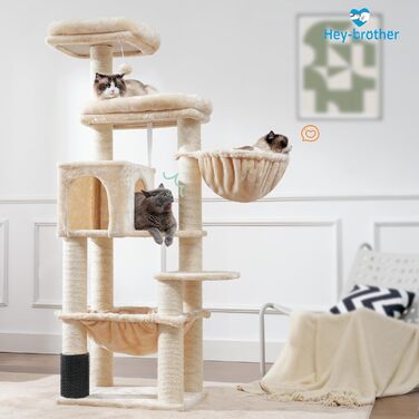 Кігтеточка XXL для мейн-куна, 168 см, з гамаком, сизаловим стовпом (φ11 см), когтеточкою, 2 платформами, будиночком, корзиною, бежева EMPJ01M