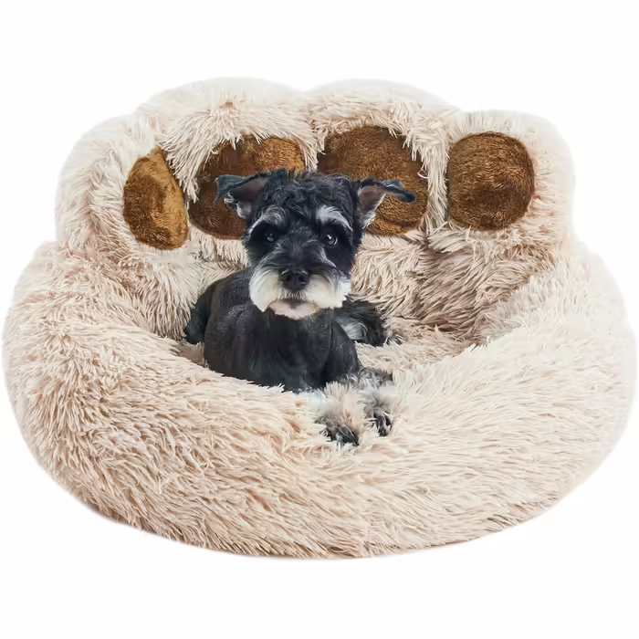 Jiupety Pet Round Dog Bed in Paw Shape, Soothing Donut Dog Bed, Faux Fur Cat Bed, Medium Size. The diameter is 56cm, comfortable and soft, machine washable (L 66 cm x W 66 cm x H 20 cm, Camel)