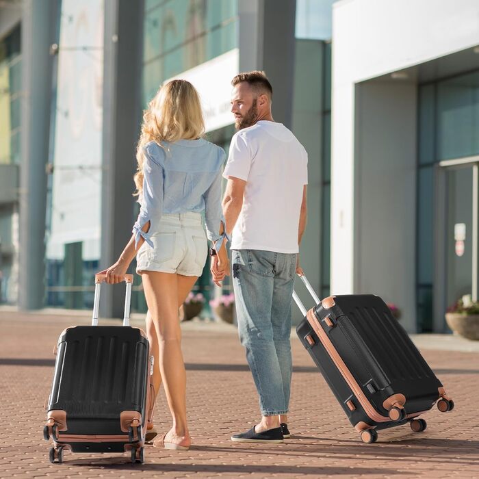 Набір валіз LALAHO 4 шт. з жорстким корпусом, ABS, з колесами | Чорний-коричневий | З косметичним осередком