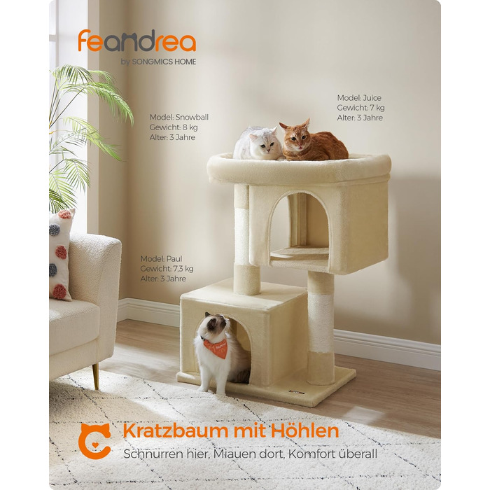 Feandrea Cat Tree, 84 cm Cat Tree, L, Cat House for Large Cats up to 7 kg, Large Platform, 2 Cat Caves, Sisal Posts, PCT61W (XL (68 x 48 x 101 cm), Beige)