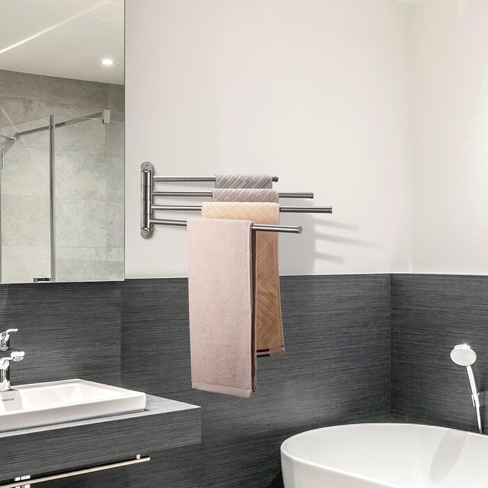 Тримач для рушників у ванну кімнату з 3-ма перекладинами, поворотний, з 3-ма кріпленнями, 40 см, нержавіюча сталь, монтаж на стіну, срібний (тримач для рушників з 4-ма кріпленнями)