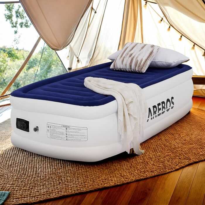 Надувний матрац Arebos | Самостійно надувний матрац 203 × 95 × 51 см, для 1 особи | Гостьовий матрац з електричним насосом | Надувний матрац з сумкою для перенесення, для кемпінгу/дому (Синій/Білий)