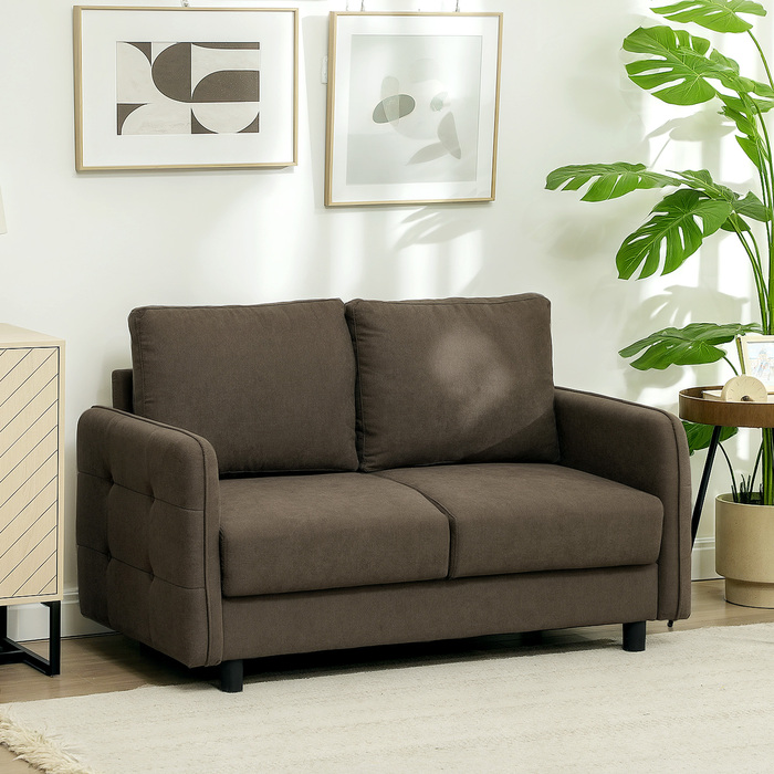 HOMCOM 2-Seater Sofa, Modern Couch with Armrests, 2 Throw Pillows, Upholstered Sofa with Storage, S-Springs and Rubber Bands, Small Loveseat with Velvet-Look Top for Living Room, 136 x 75 x 84 cm, Brown | Aosom