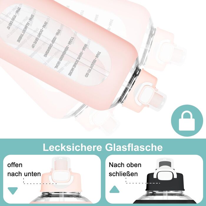 2 Liter Glass Drinking Bottle, 2L Glass Bottle, Glass Water Bottle with Straw, Bottle Brush (Pink)