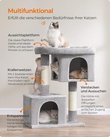 Feandrea Cat Tree, 84 cm Cat Tree, L, Cat House for Large Cats up to 7 kg, Large Platform, 2 Cat Caves, Sisal Posts, PCT61W (XL (68 x 48 x 101 cm), Light Grey)