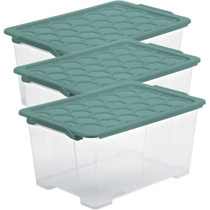 Rotho Evo Safe Keeping 3-Piece Storage Boxes 44l with Lid, Plastic, Turquoise/Transparent