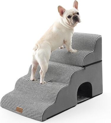 Dog stairs for small dogs, pet stairs for high beds made of high-density foam, dog stairs/ramp with washable cover (83x50x57cm-hole, 5.0) (Black and White)