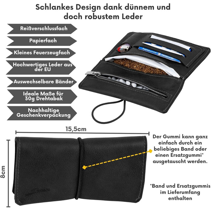 SIMARU Leather Tobacco Pouch for 30g Tobacco Bag, Roller Pouch Made of Genuine Leather with Filter Compartment & Rolling Paper Holder (Black)