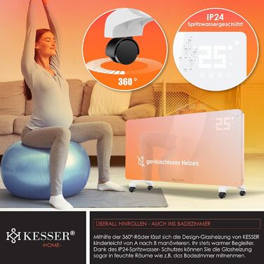 Електричний конвектор KESSER® з Wi-Fi керуванням та пультом дистанційного керування | 2500 Вт | Скло | Настінний/Підлоговий | LCD-дисплей, таймер, сенсорне управління