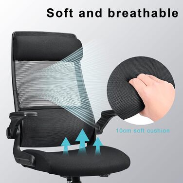 Ергономічне крісло для офісу з регульованою підголовником, офісне крісло з сітки, відкидні підлокітники, широке сидіння, функція гойдання, комп'ютерне крісло EN 1335, офісне крісло 200 кг, чорне