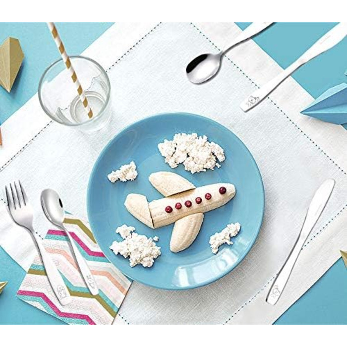 Набір дитячого столового приладдя EXZACT Kinderbesteck Set - 18 предметів з нержавіючої сталі для дітей від 2 років - безпечний, придатний для миття в посудомийній машині, з гравіюванням (6 виделок, 6 ножів, 6 ложок)