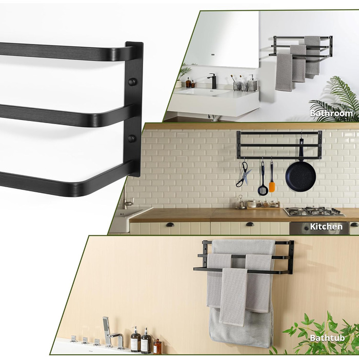 Тримач для рушників SAYAYO, чорний, 64 см, 3 стійки, для ванної кімнати та кухні