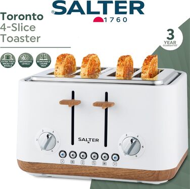 Тостер SALTER Toronto з широкими слотами, 6 режимів підсмажування, знімний піддон для крихт, функція розморожування, підігріву та відключення, самоцентрування, підйом, білий, UK-штекер
