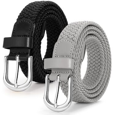 Жіночий плетеный еластичний пояс JASGOOD, льон, 2.5 см, чорний + сірий (срібна пряжка), розмір M (до 86 см)