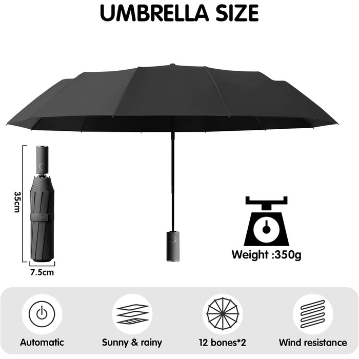 Стійкий до вітру автоматичний парасолька, захист від сонця, чорний Obsidianschwarz