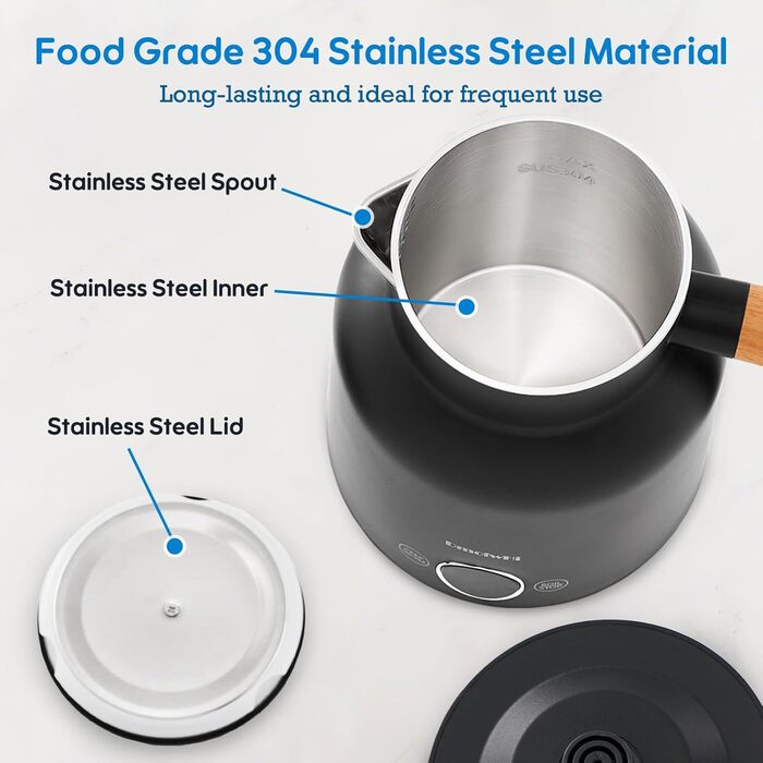 Електричний чайник з регулюванням температури DmofwHi, 1.0л, 1000W, з LED-індикатором, подвійні стінки, без BPA, автоматичне вимкнення та захист від сухого кип'яття (чорний)