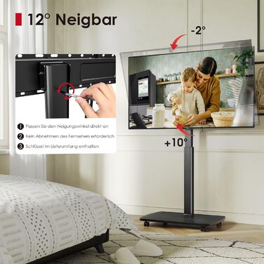 AOKCOS Rolling TV Stand with Shelf - Adjustable Height & Swivel - Fits 43-75 inch TVs (up to 50kg) - VESA 600x400mm - White & Natural Wood Finish