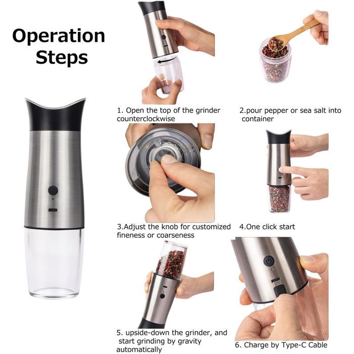 Gravity Electric Salt and Pepper Grinder Set, USB Rechargeable, Automatic, One-Handed Operation, Grinder for Kitchen, Grill, Adjustable Coarseness, Silver, 2 Pieces
