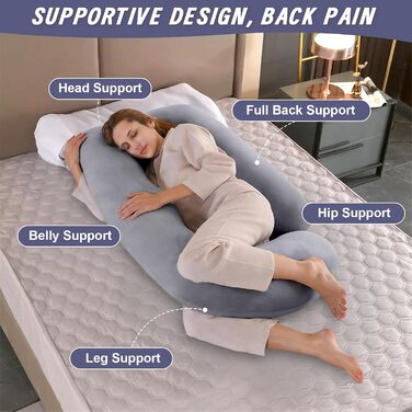 Подушка для вагітних Otauoaea J-подібної форми, подушка для годування XXL, подушка для сну на боці, 145x70 см (велюр, сірий)