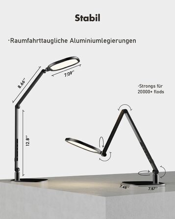 Стійка лампа LED з регулюванням яскравості, захист зору, денне світло, торшер для столу з 3 режимами кольору та сенсорним керуванням/функцією пам'яті, 15W, поворотна, чорна