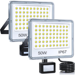 LED Flood Lights with Motion Sensor Outdoor 100W 2 Pack, 10000LM LED Spotlights with Motion Sensor, 6500K Cool White Outdoor Floodlights, IP67 Waterproof Floodlights for Warehouse Garden Garage (50W-2PC)