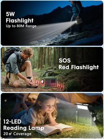 ROCAM Портативне радіо DAB+ з Bluetooth, 12000mAh, радіо з ручкою, сонячна панель 8500мм², 650mA, DAB/UKW, 2.4' дисплей, 80 станцій, LED ліхтарик, USB, SOS, IPX6, для надзвичайних ситуацій, зелене