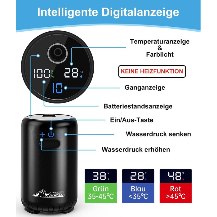 WADEO Portable Camping Shower Battery with Pump, Camping Shower with Rechargeable 6000/8000mAh Battery, Mobile Showers Outdoor Showers with Shower Head and Hose, for Camping, Travel, Garden, Car Washing (Black, 10 Gänge and with Double Digital Display)
