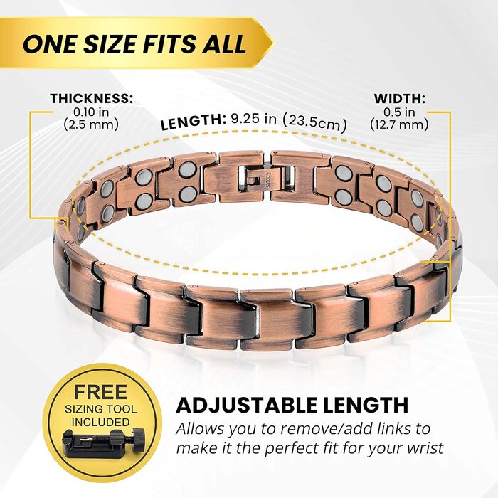 Браслет на руку чоловічий MagnetRX® з чистої міді – Магнітний браслет для чоловіків для магнітної терапії – Ідеально підходить при артриті та синдромі зап'ястного каналу – Включає інструмент для регулювання довжини (Leo Style) Leo Style Men Copper