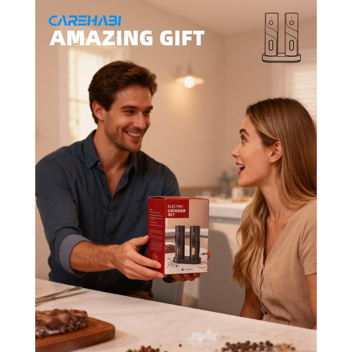 Набір електричних мельниць для солі та перцю з заряджною станцією, об'єм 110 мл, 5 ступенів помелу, керамічна млинка, щітка, 2 шт., чорний