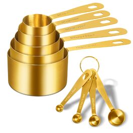Набір мірних стаканів та ложок Cuteefun Gold, 13 предметів, нержавіюча сталь: мірний стакан 5 чашок, 8 магнітних ложок з рівнем для вимірювання сухих та рідких інгредієнтів для випічки та приготування їжі