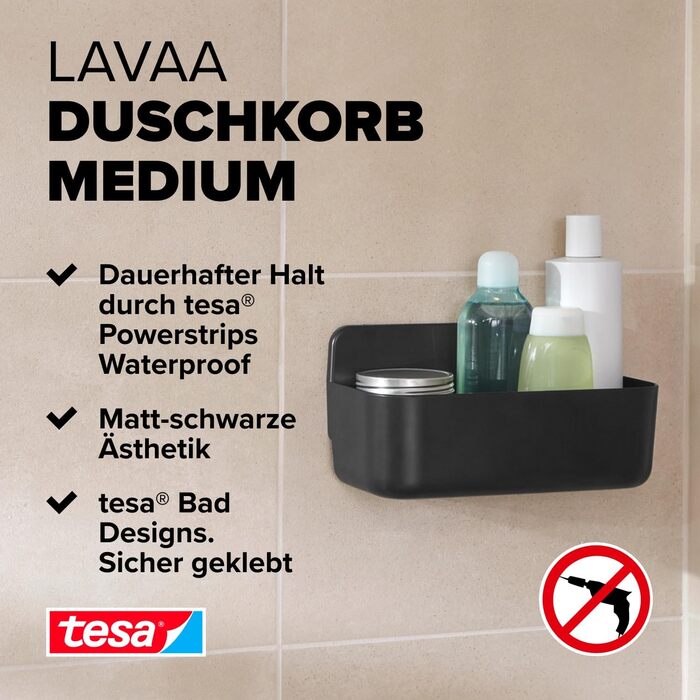 Полиця для душу tesa Lavaa M, чорна матова, настінна, без свердління, з водостійкими клейкими стрічками, 260×130×110 мм