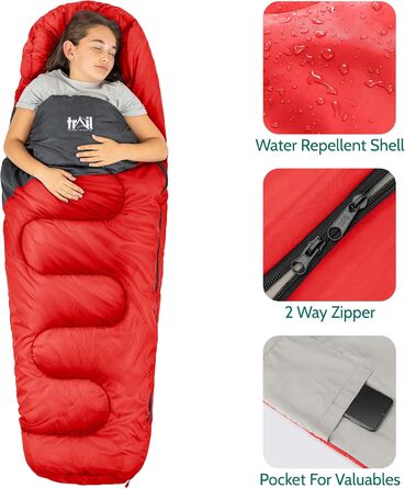 Дитячий спальний мішок Trail Mumienschlafsack 3 сезони для кемпінгу – 300gsm – червоний (для хлопчиків та дівчаток)