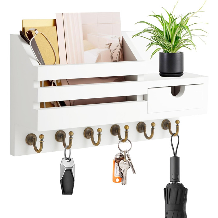 Дерев'яне ключниця з полицею та шухлядою, 6 гачків, для прихожей, офісу, на стіну (білий)