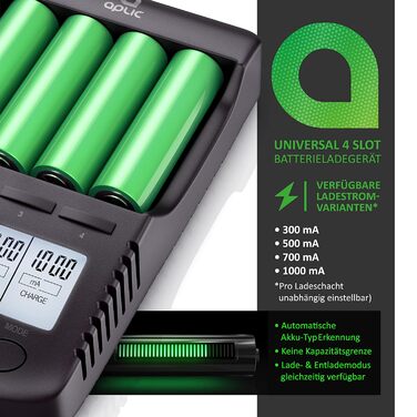 Зарядний пристрій CSL для акумуляторів AA, AAA, 18650 з LCD-дисплеєм та USB-портом