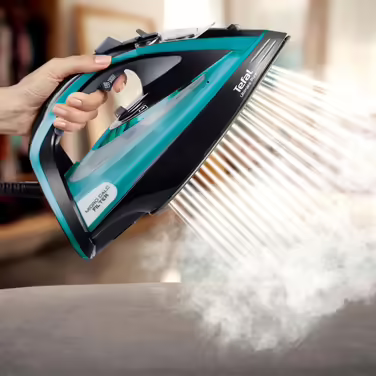 Парова праска Tefal Ultimate Pure FV9844, 3200 Вт, мікрофільтр від накипу, підошва Durilium Airglide Autoclean, авто-відключення, резервуар 0.35 л, чорна/синя