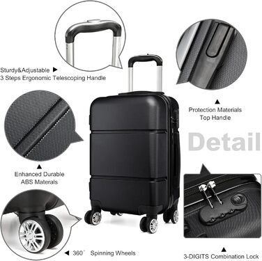 Чемодан ручної поклажі KONO з жорсткою оболонкою, на колесах, 55x38x22 см, 33 літри, ABS, чорний