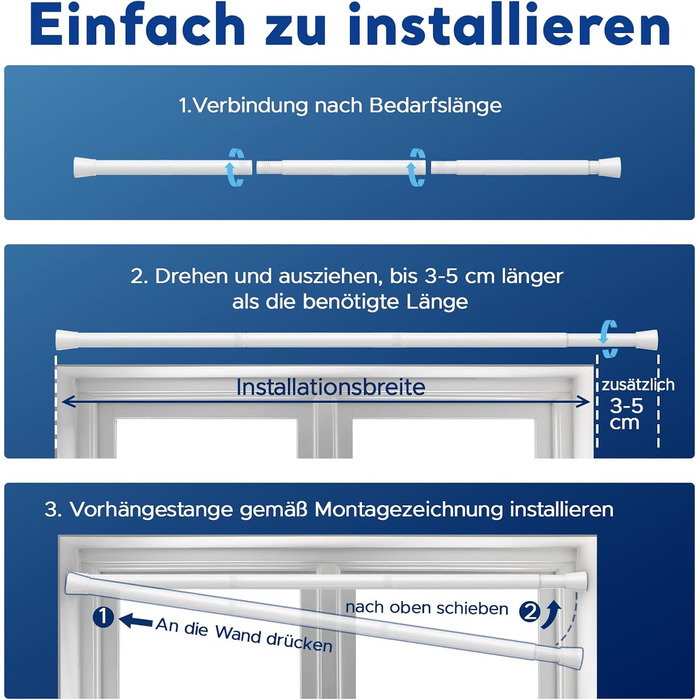 Штанга для карнизів без свердління, біла, 71-155 см, Ø 25 мм, телескопічна, для штор, душової завіси та гардеробу
