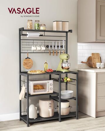 Стелаж кухонний VASAGLE KKS026B01, підлоговий, з магнітною смугою для ножів, кошиком, тримачем для рушників, 12 гачків, вінтажний коричневий-чорний