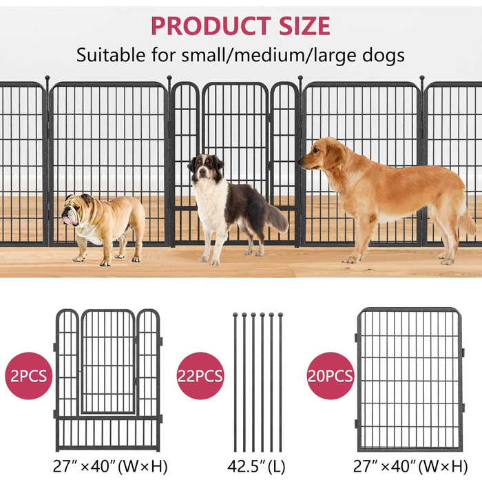 Вольєр для собак на вулицю, металевий загін для собак середніх та маленьких порід, 22 панелі, 101,6 x 68,6 см