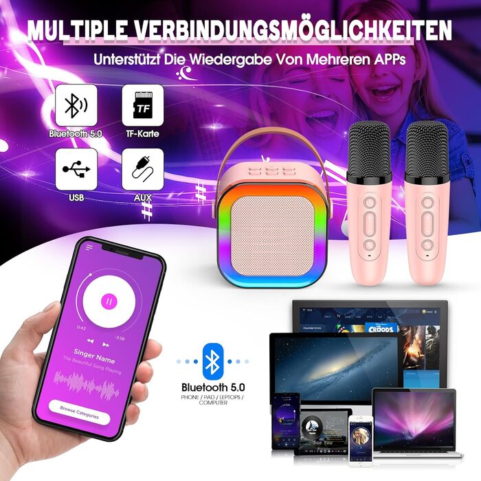 Караоке машина для дітей 3-12 років Dislocati з 2 мікрофонами Bluetooth, рожева. Портативна музична іграшка зі світлодіодами для вечірок