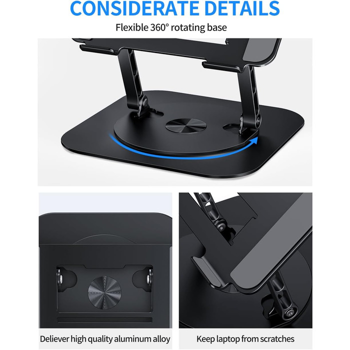 Adjustable Laptop Stand with 360° Swivel Base - Stable Ergonomic Foldable Laptop Riser for Desk - Compatible with MacBook Pro/Air & Notebooks up to 16 inches (A-Black)