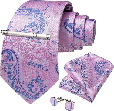 Краватка чоловіча DiBanGu Paisley шовкова, рожево-блакитна + хустинка + запонки + зажим для краватки для вечірки, випускного