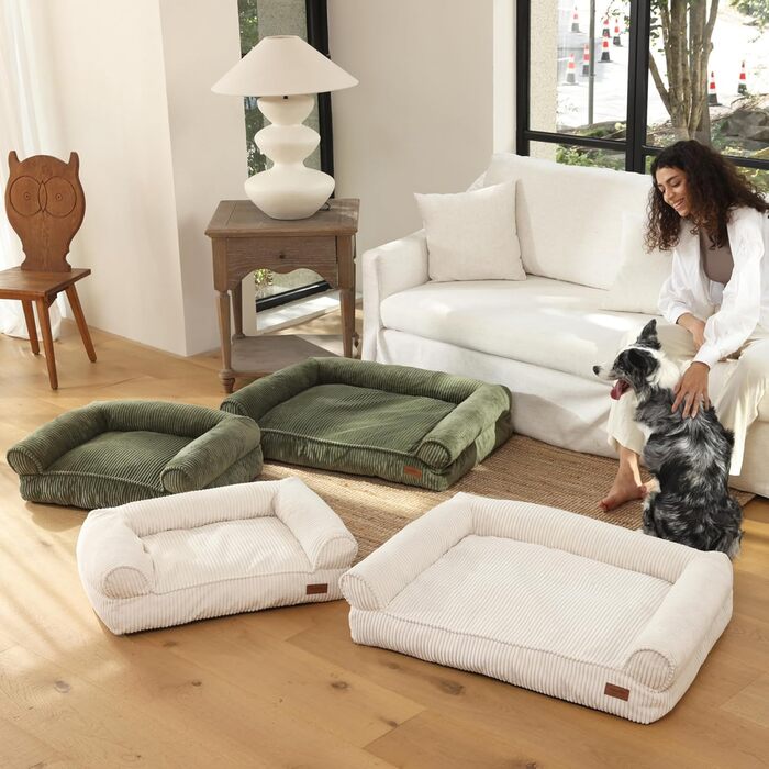 FUKUMARU Dog Bed for Large Dogs, Fluffy & Dog Sofa with Waterproof TPU Layer, Cord Fabric, Washable and Non-Slip, Removable Zipper Cover, 93 x 63 x 22 cm, Green