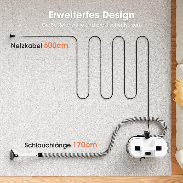 Водопилосос 450W для миття та чищення килимів, меблів та авто. Потужність 13500Pa, великий бак, довгий кабель. Білий.