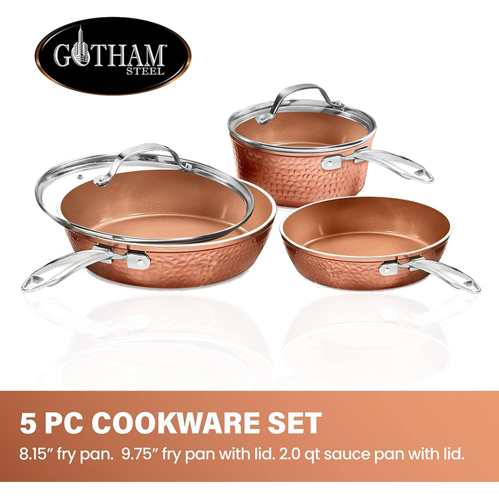 Набір кухонного та десертного посуду Gotham Steel Hammered Copper Collection (15 предметів) з антипригарним покриттям, алюмінієвий. Включає сковорідки (набір з 5 сковорідок)