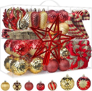 Набір прикрас на ялинку Alupssuc 128 шт. (кулі, квіти, орнаменти) - червоний та золотий, для свят, вечірок