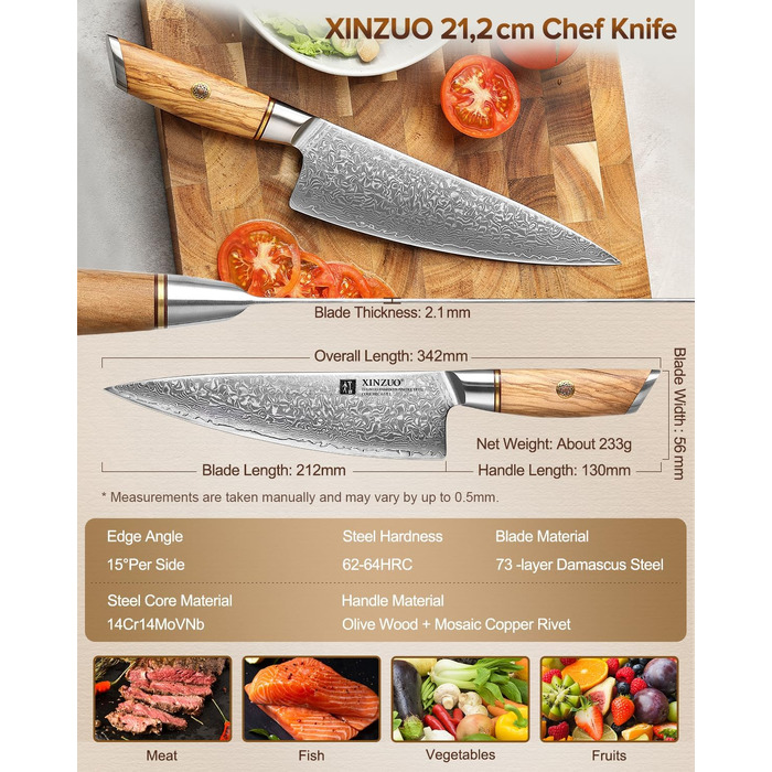 Професійний шеф-ніж XINZUO Lan Series Gyuto 21.2 см, кований дамаск із порошкової сталі (73 шари), ергономічна ручка з оливкового дерева