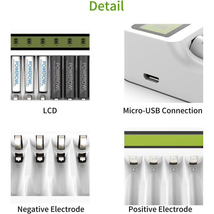 Зарядний пристрій Powerowl з LCD екраном для акумуляторів NI-MH NI-CD AA AAA (Micro-USB, незалежний слот), білий