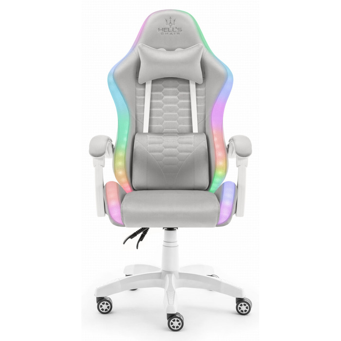 Ігрове крісло Hell's Chair HC-1000, сіра тканина, LED RGB, з подушками